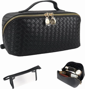 Large Capacity Travel Makeup Bag Organizer Makeup Bag Set – Includes Transparent Pouch & Dust Bag PU Leather Cosmetic Bag Toiletry Bag for Women With Dividers, Handle Portable Design (Checkered Black)