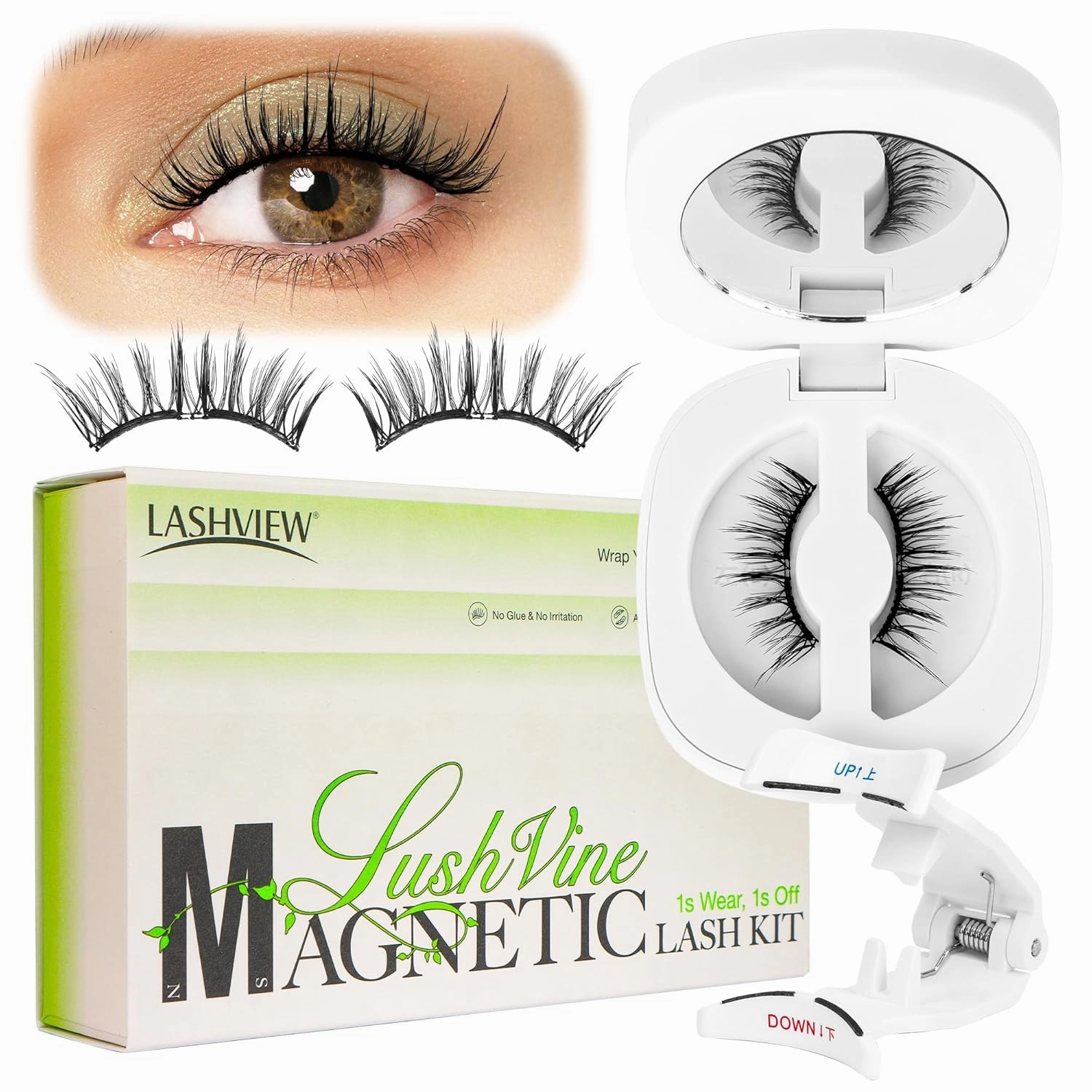 LASHVIEW Magnetic Eyelashes with Applicator, Reusable Soft Magnetic Eyelashes Natural Look, No Glue Needed, Windproof & Waterproof for All-Day Comfort (L02)