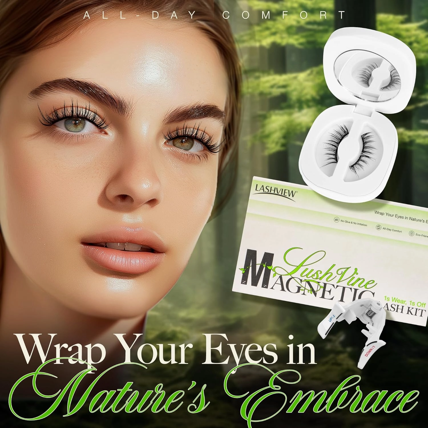 LASHVIEW Magnetic Eyelashes with Applicator, Reusable Soft Magnetic Eyelashes Natural Look, No Glue Needed, Windproof & Waterproof for All-Day Comfort (L02)