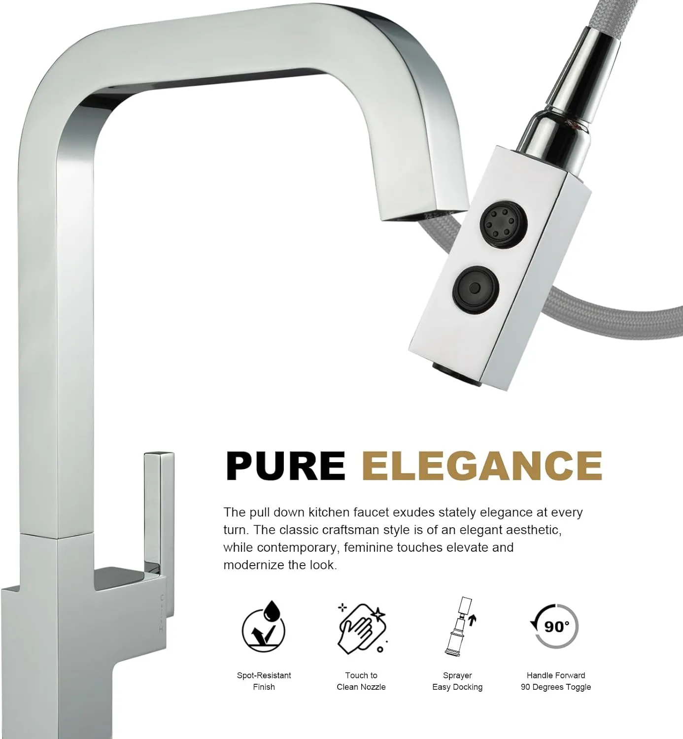 Lava Odoro Chrome Kitchen Faucet with Pull Down Sprayer, Single Handle Kitchen Faucet, Chrome Single Hole Kitchen Sink Faucet with Magnetic Docking Spray Head, Deck Plate Included, Bar Faucet KF182-C