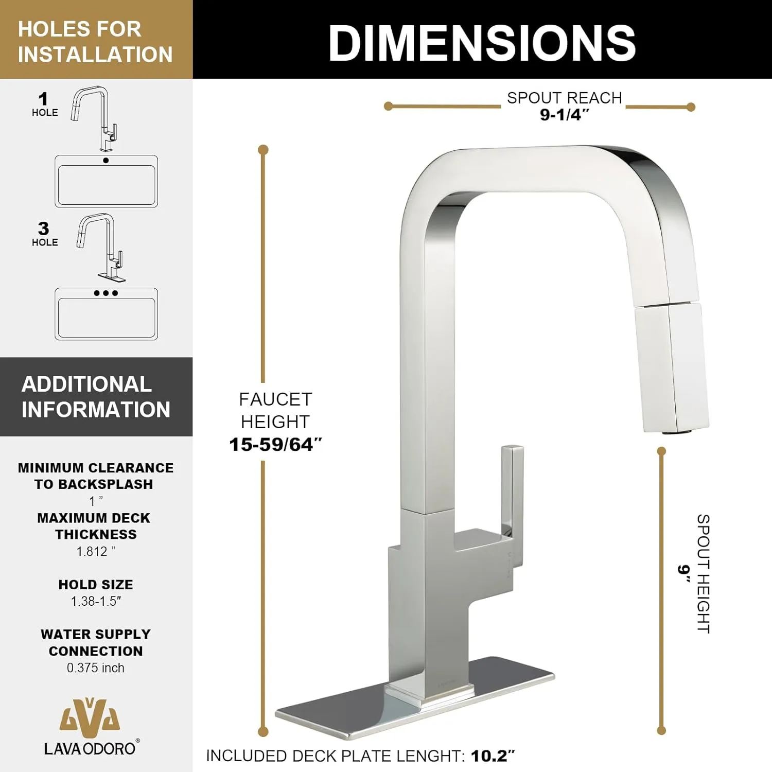 Lava Odoro Chrome Kitchen Faucet with Pull Down Sprayer, Single Handle Kitchen Faucet, Chrome Single Hole Kitchen Sink Faucet with Magnetic Docking Spray Head, Deck Plate Included, Bar Faucet KF182-C