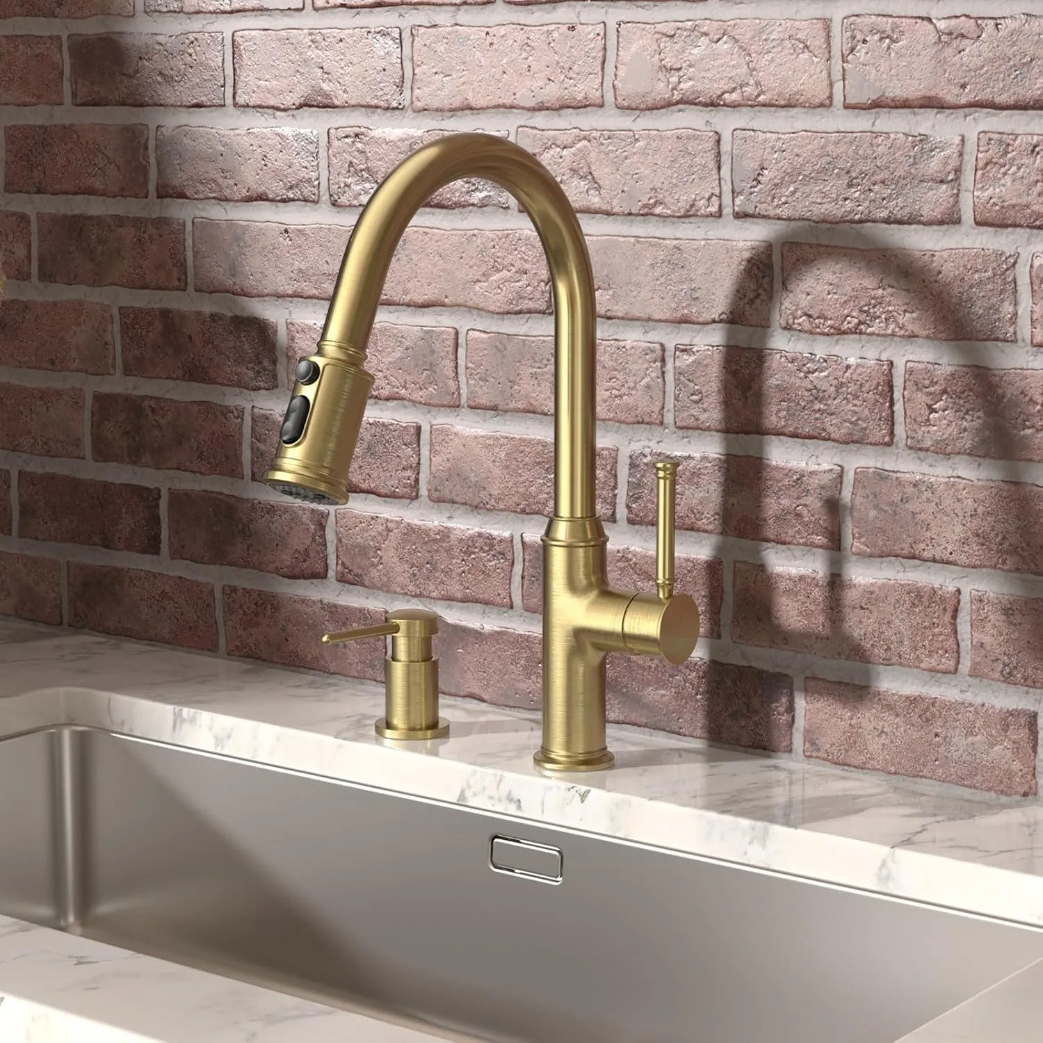 Lava Odoro Curtura Gold Kitchen Faucet with Pull Down Sprayer, Single Handle Kitchen Sink Faucet with Magnetic Docking Spray 3-Function, Brass Faucet for Kitchen Sink 1 Hole and 3 Hole, KF421-SG-M