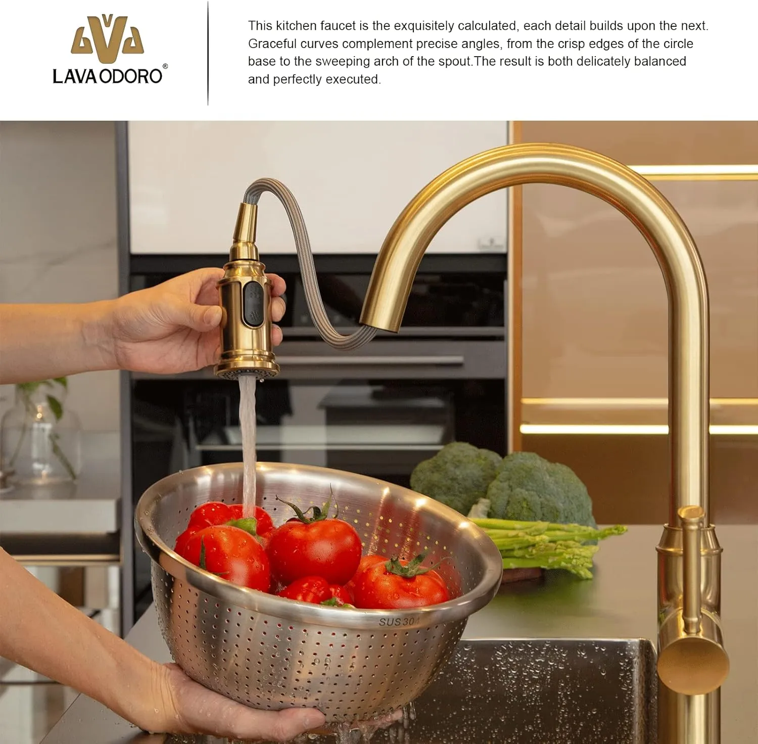 Lava Odoro Curtura Gold Kitchen Faucet with Pull Down Sprayer, Single Handle Kitchen Sink Faucet with Magnetic Docking Spray 3-Function, Brass Faucet for Kitchen Sink 1 Hole and 3 Hole, KF421-SG-M