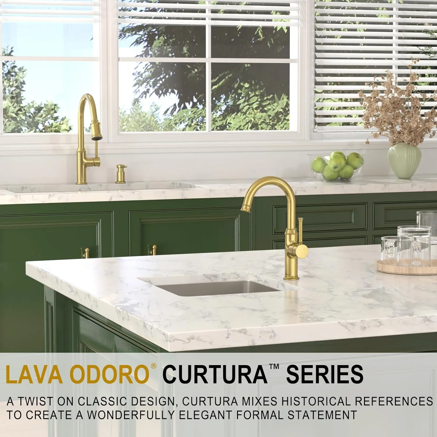 Lava Odoro Curtura Gold Kitchen Faucet with Pull Down Sprayer, Single Handle Kitchen Sink Faucet with Magnetic Docking Spray 3-Function, Brass Faucet for Kitchen Sink 1 Hole and 3 Hole, KF421-SG-M