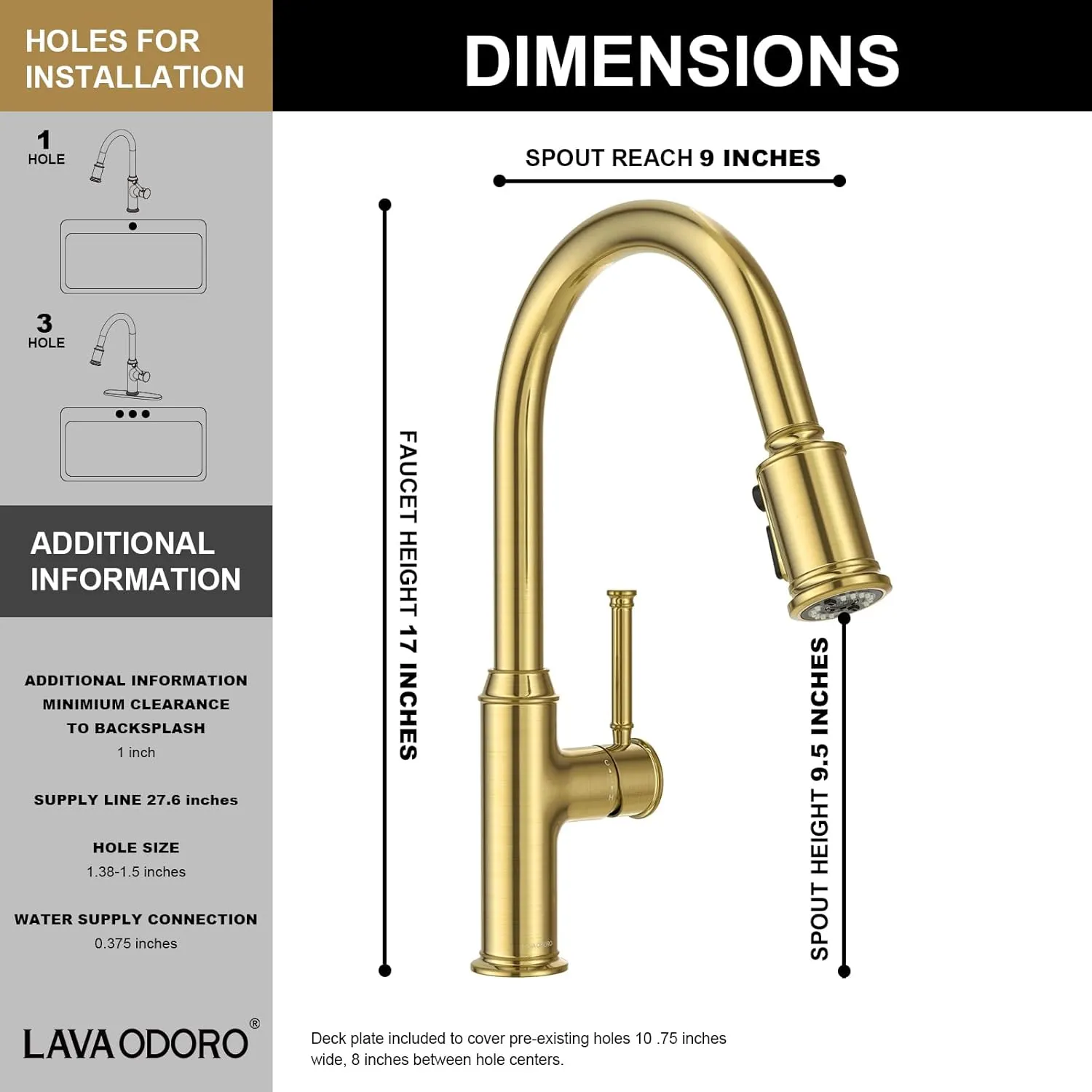 Lava Odoro Curtura Gold Kitchen Faucet with Pull Down Sprayer, Single Handle Kitchen Sink Faucet with Magnetic Docking Spray 3-Function, Brass Faucet for Kitchen Sink 1 Hole and 3 Hole, KF421-SG-M