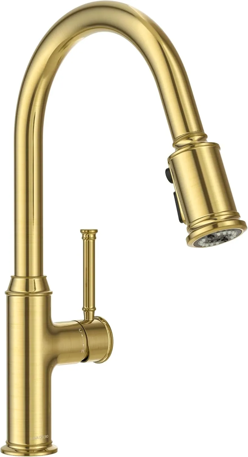 Lava Odoro Curtura Gold Kitchen Faucet with Pull Down Sprayer, Single Handle Kitchen Sink Faucet with Magnetic Docking Spray 3-Function, Brass Faucet for Kitchen Sink 1 Hole and 3 Hole, KF421-SG-M