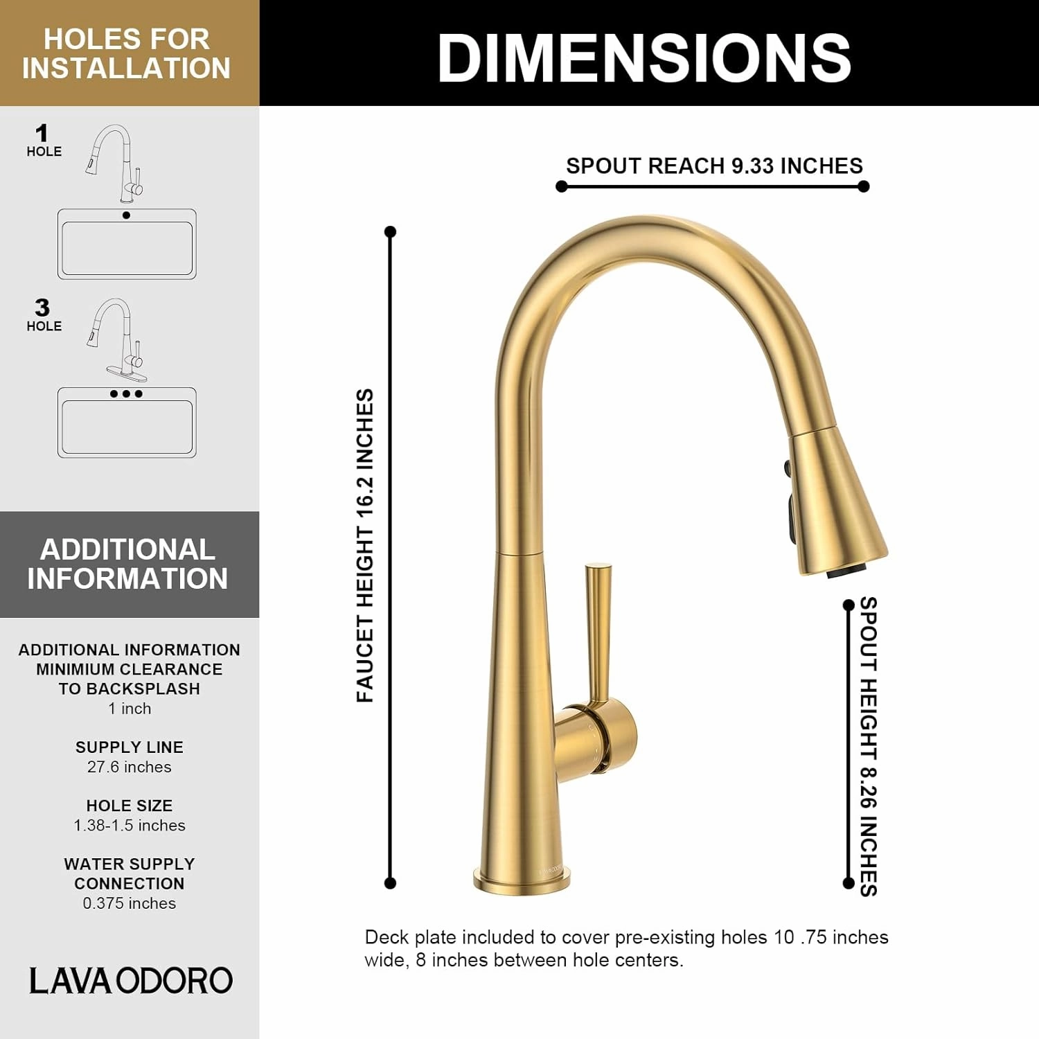 Lava Odoro Brushed Gold Kitchen Faucet with Pull Down Sprayer, Brushed Brass Single Handle Kitchen Sink Faucet 1 Hole with Magnetic Docking Sprayer and Deck Plate, KF321-BB