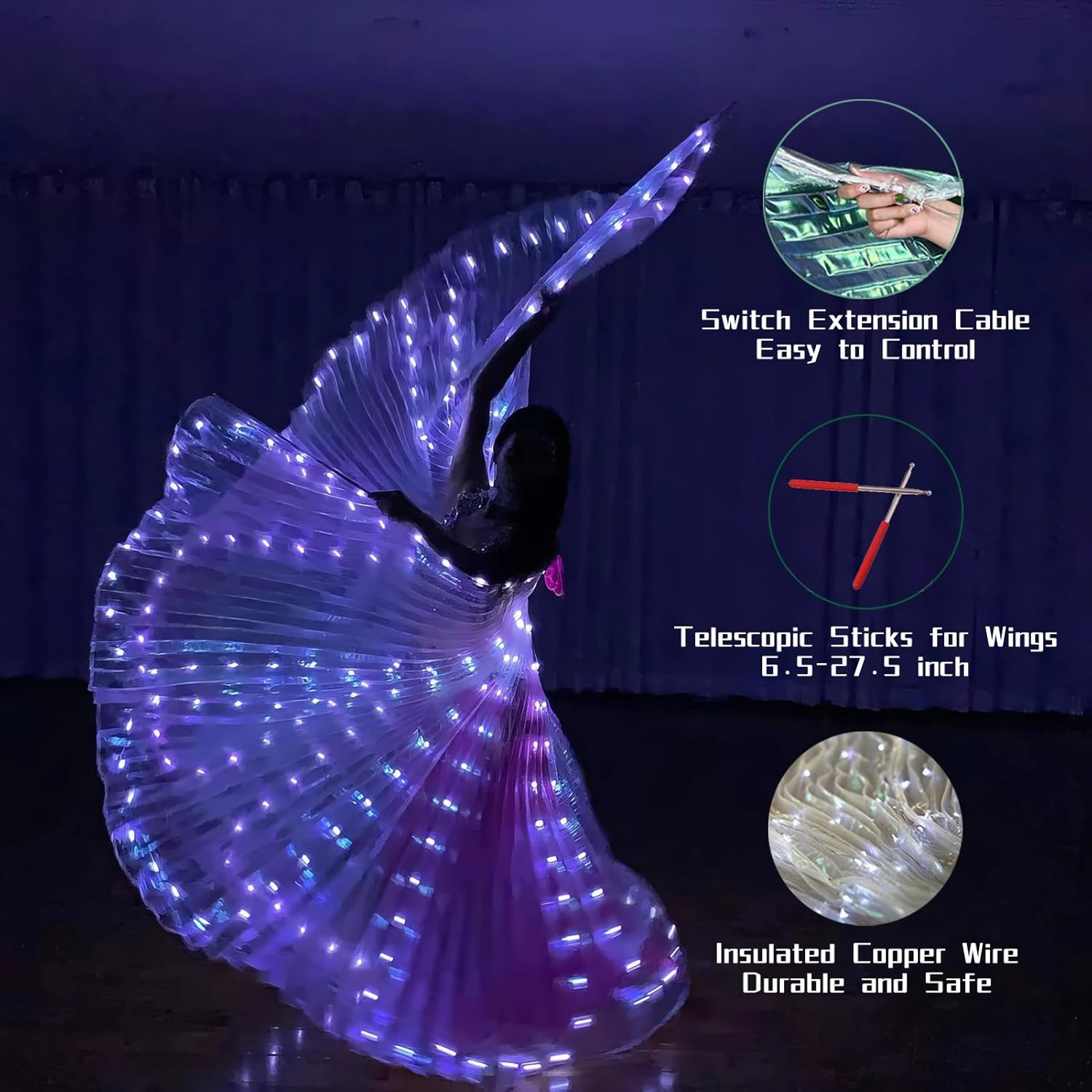 LED Wings Halloween Butterfly Wings Light up Angel Wings LED Moth Cape with Telescopic Sticks for Kids and Adults