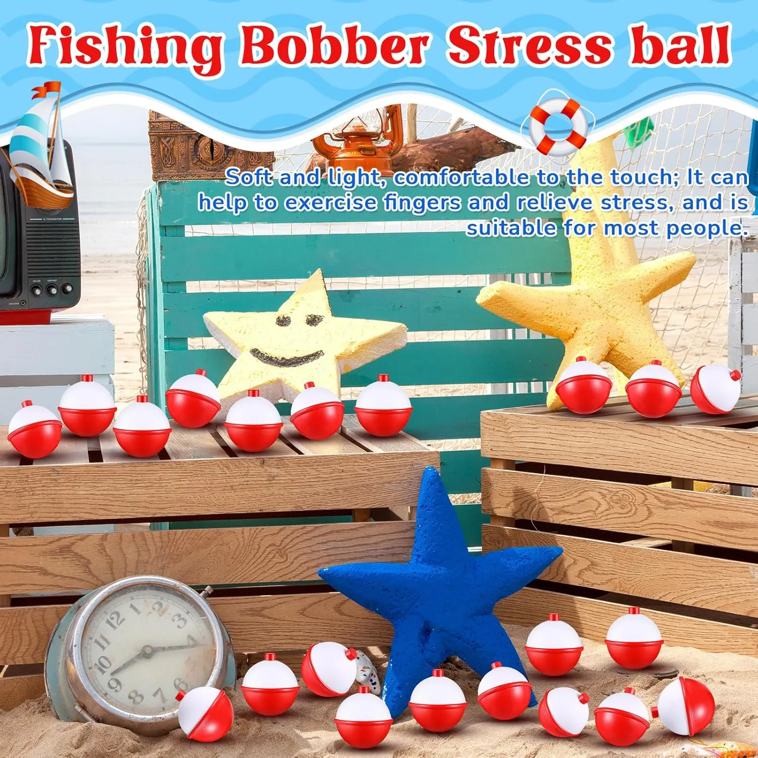 Libima 24 Pcs Fishing Bobber Stress Ball Squeeze Toy Fishing Themed Party Favors Funny Stress Relief Toy for Teens Adults Improving Grip Strength Release Pressure Finger Exercise (2'')
