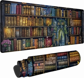 Library Mouse Pad Mat Bookcase Castle Butterfly Books Fairy Flower Botanical Designs Sparkly Blue Rubber Non-Slip Waterproof Decorative Office Desk Company Home Mousepad for Laptop Gaming 31.5x12 Inch