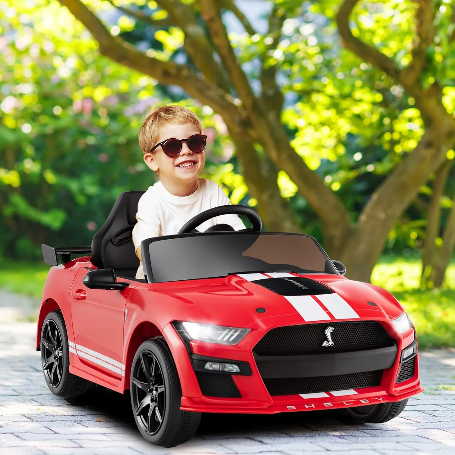 Licensed Ford Mustang Shelby GT500 Ride on Car for Kids by OLAKIDS, 12V Electric Vehicle with Remote Control, Toddlers Battery Powered Toy Gift with 2 Speeds, LED Lights, USB, FM, Music, Horn
