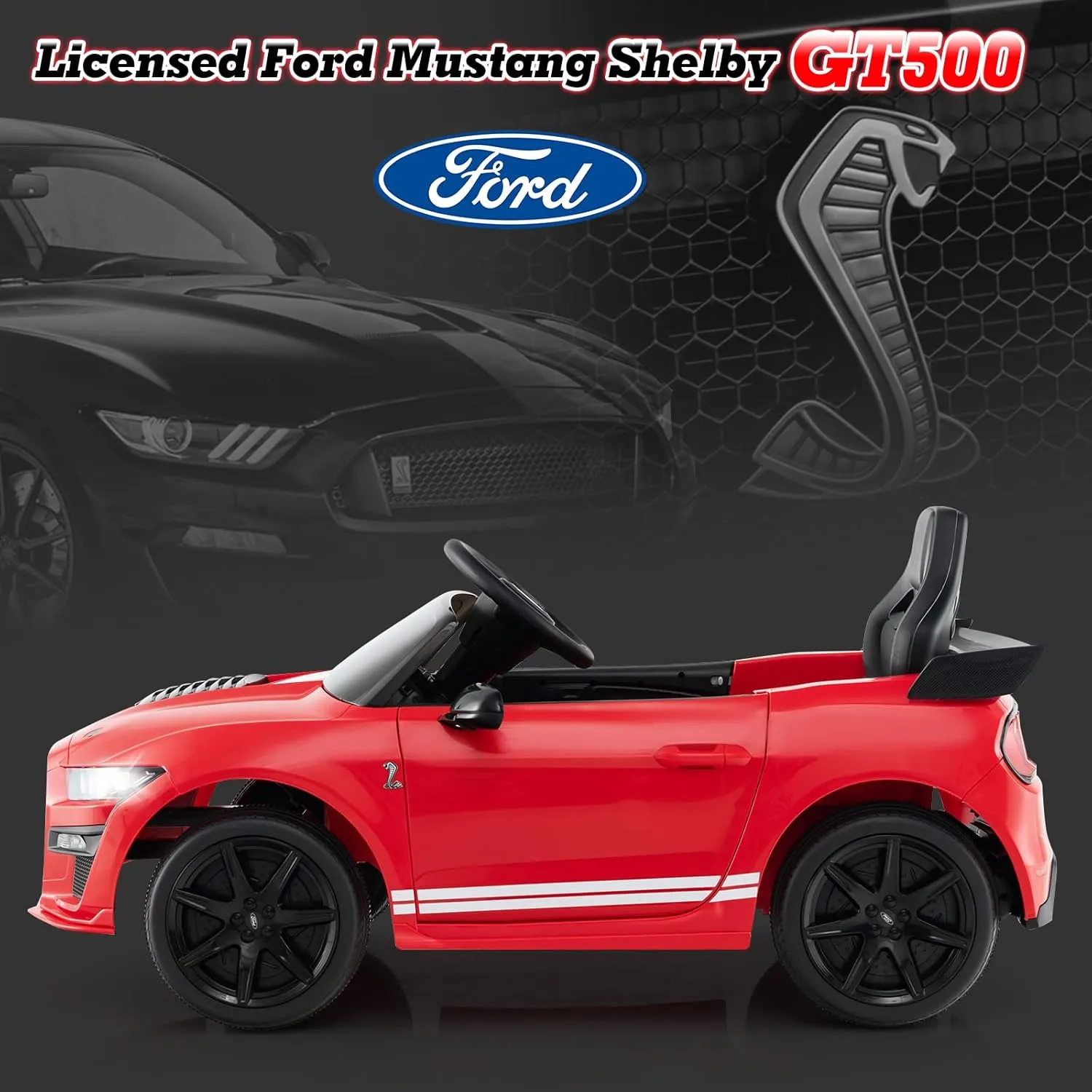 Licensed Ford Mustang Shelby GT500 Ride on Car for Kids by OLAKIDS, 12V Electric Vehicle with Remote Control, Toddlers Battery Powered Toy Gift with 2 Speeds, LED Lights, USB, FM, Music, Horn