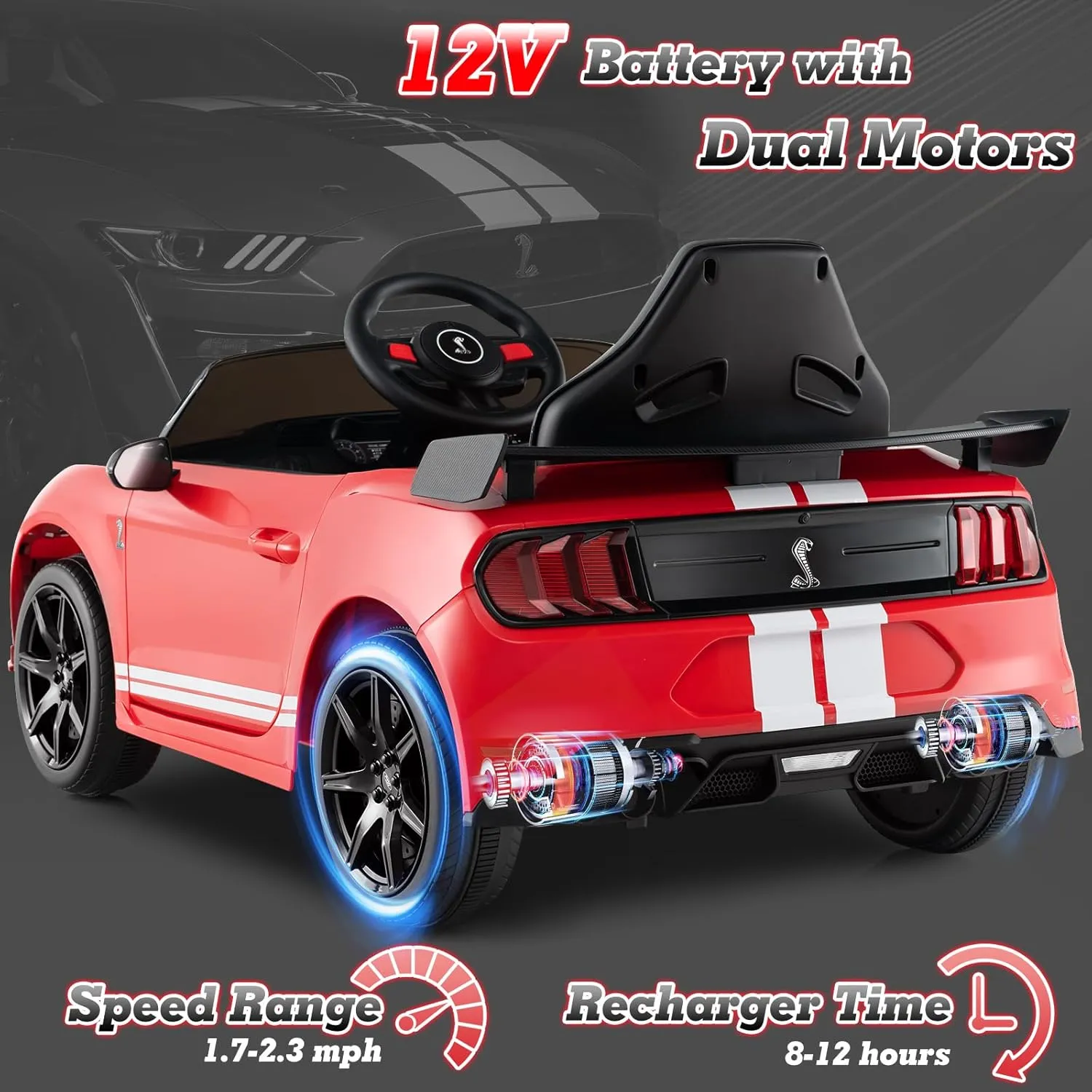 Licensed Ford Mustang Shelby GT500 Ride on Car for Kids by OLAKIDS, 12V Electric Vehicle with Remote Control, Toddlers Battery Powered Toy Gift with 2 Speeds, LED Lights, USB, FM, Music, Horn