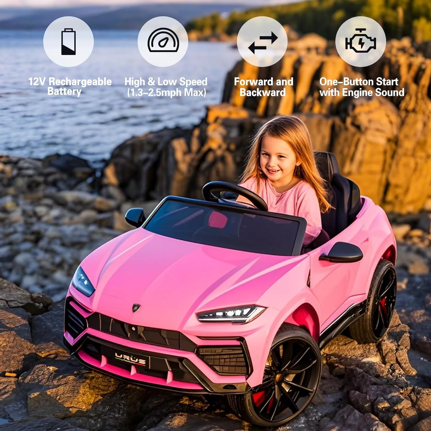 Licensed Lamborghini Urus Ride On Truck Car Toy, 12V Battery Powered Electric 4 Wheels Kids Toys w/Parent Remote Control, Foot Pedal, Music, Aux, LED Headlights, 2 Speeds (Pink)