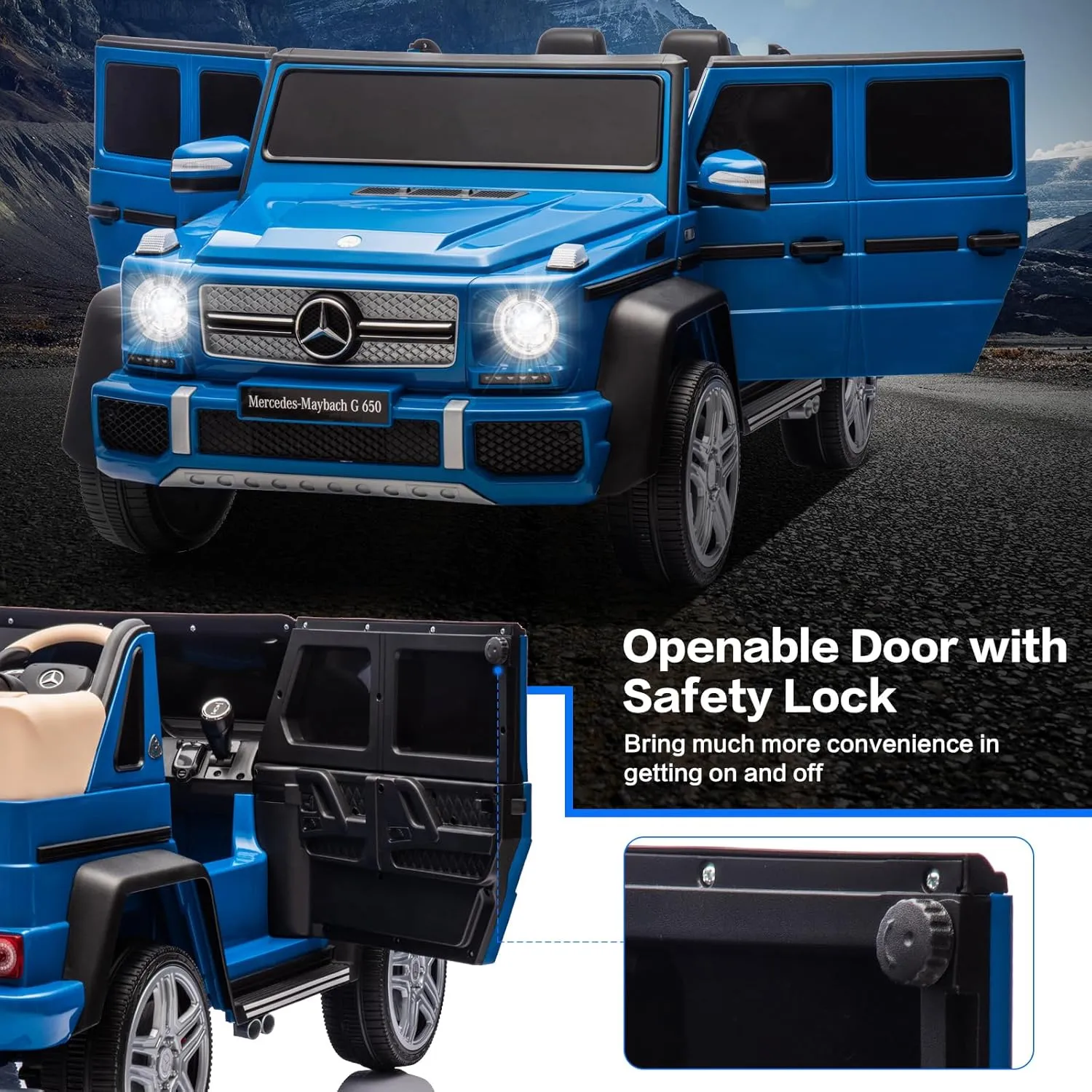 Licensed Mercedes Benz Maybach G650, 12V Ride On Car for Kids | Electric Car Ride on Truck w/Parent Remote Control, Music, LED Lights, 2 Motors, Suspensions, Safety Lock, 2 Doors, Storage Bin, Blue