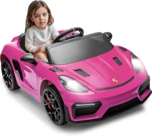 Licensed Porsche 718 12v Kids Electric Ride On Car with Parent Remote Control,Adjustable 2-5 Mph,LED Front&Tail Lights,Bluetooth Music Player,Soft Slow Start,Spring Suspension (Pink)