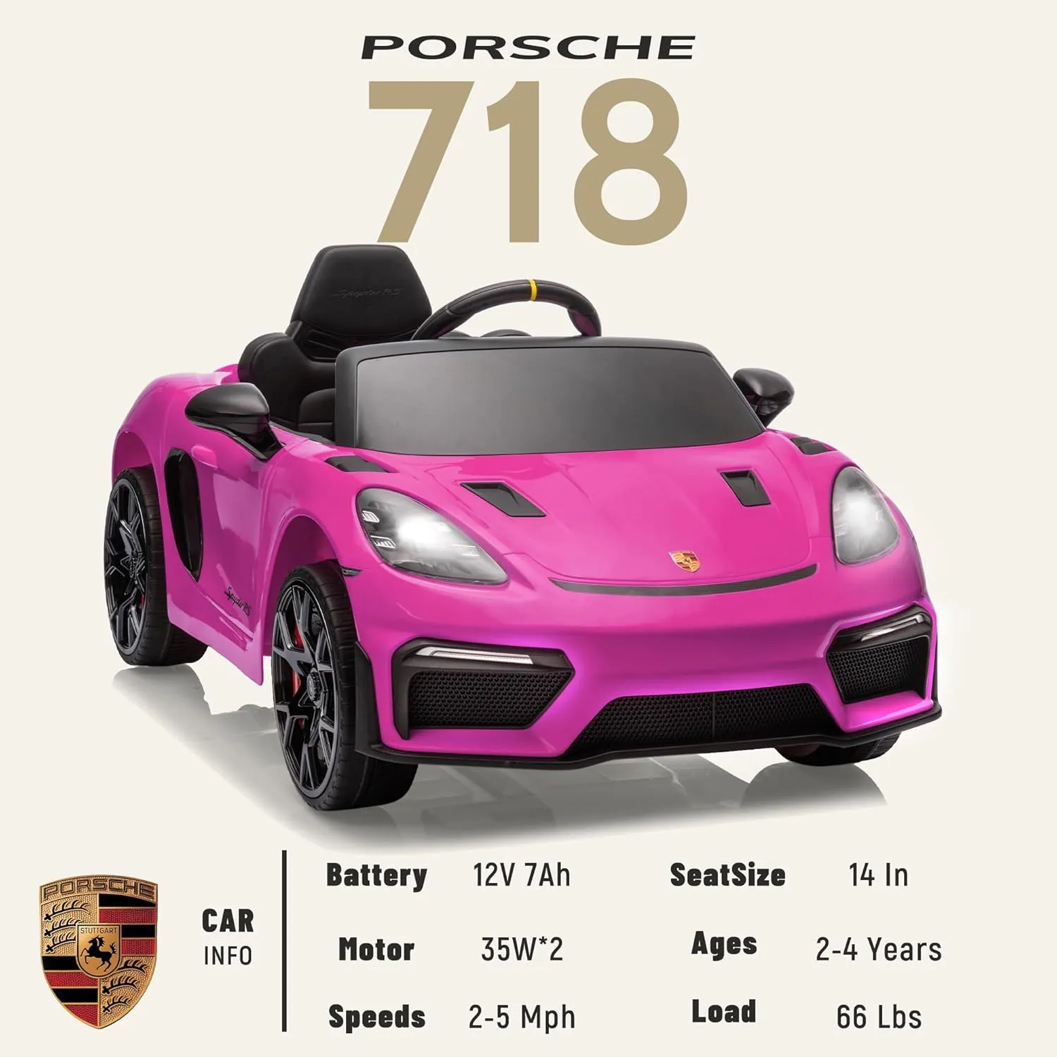 Licensed Porsche 718 12v Kids Electric Ride On Car with Parent Remote Control,Adjustable 2-5 Mph,LED Front&Tail Lights,Bluetooth Music Player,Soft Slow Start,Spring Suspension (Pink)