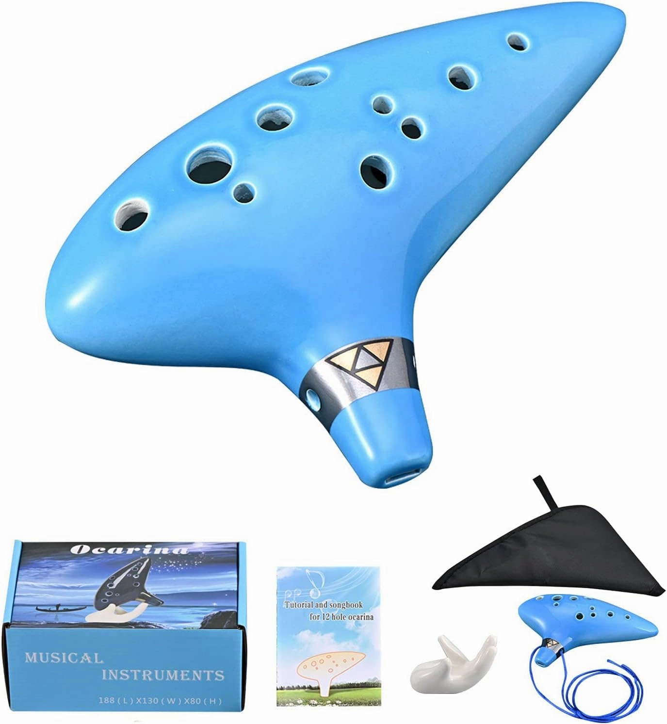 LIEKE Ocarina 12 Hole Alto C Ceramic Ocarinas, Musical Instrument for Beginners Adults with Display Stand Song Book Neck-Strap Bag (Light blue)