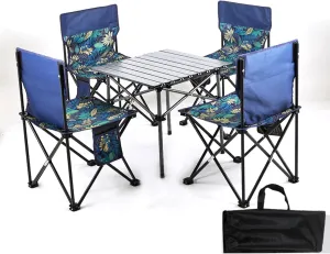 Lightweight Picnic Table with Aluminum Roll-up Table and Portable Camp Chairs Folding Camping Table and Chair, Foldable Lawn Chair with Carrying Bag, Blue