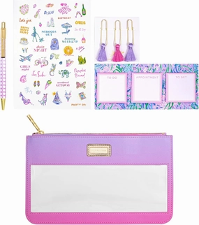 Lilly Pulitzer Pencil Case with Planner Accessories for Adults, Agenda Bonus Pack Includes Stickers, Click Pen, Mini Notepad, Bookmarks, and Zipper Pouch, Ombre