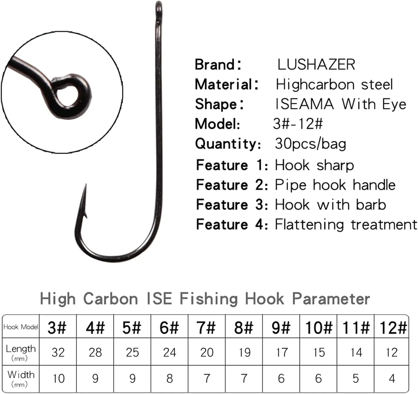 Liudan Fishing Hook 30pcs/lot Carbon Steel Large Long Stem Fishing Hook Sea Hooks Pint Hook Eye Barber Fishing Accessories Fishing Hooks