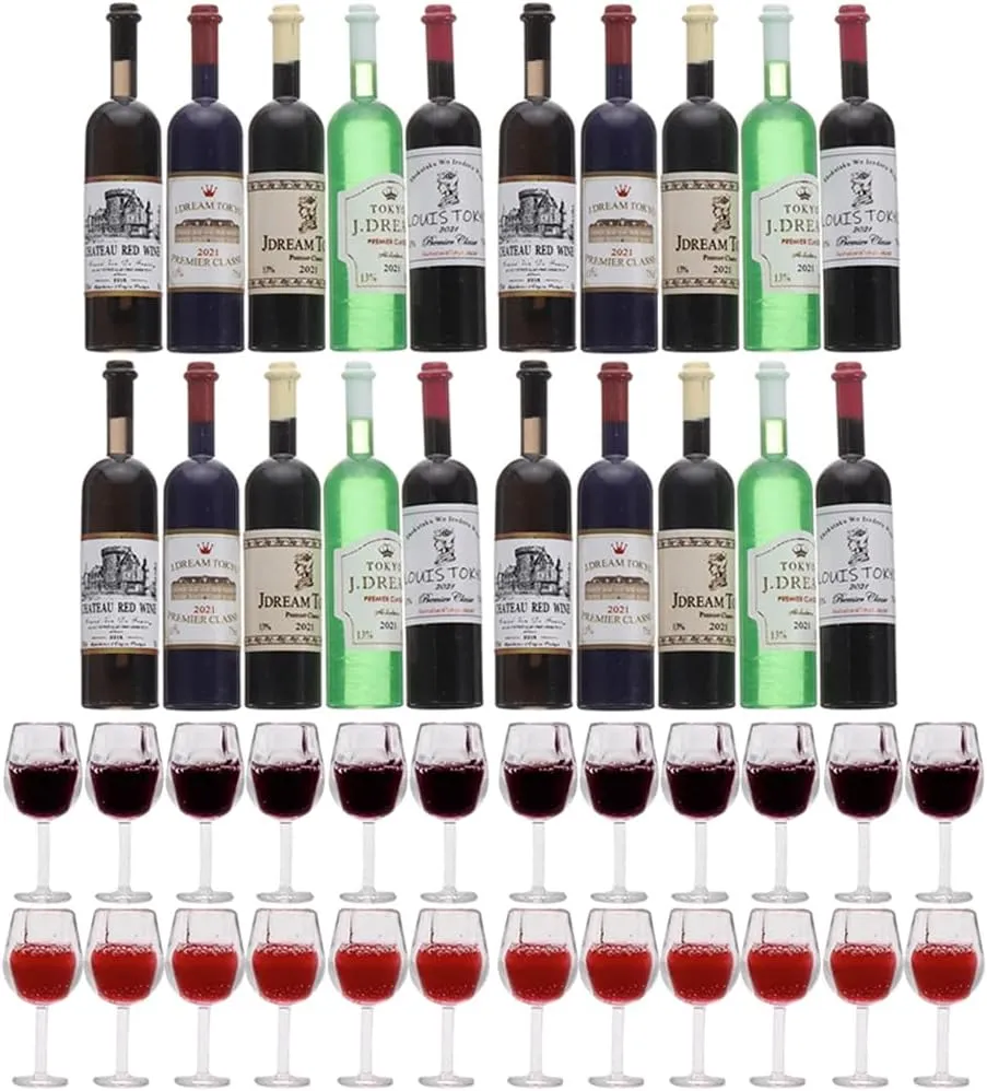 LOGOFUN 44Pcs Mini Wine Bottles 1:12 Dollhouse Miniature Champagne Bottles and Wine Glasses Model for Kitchen Bar Accessories - 0.75 * 0.35IN