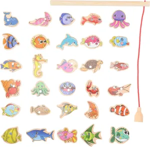 LOGOFUN Magnetic Fishing Game Set Wooden Magnetic Fishing Pool Toys Fishing Pole Rods for Kids