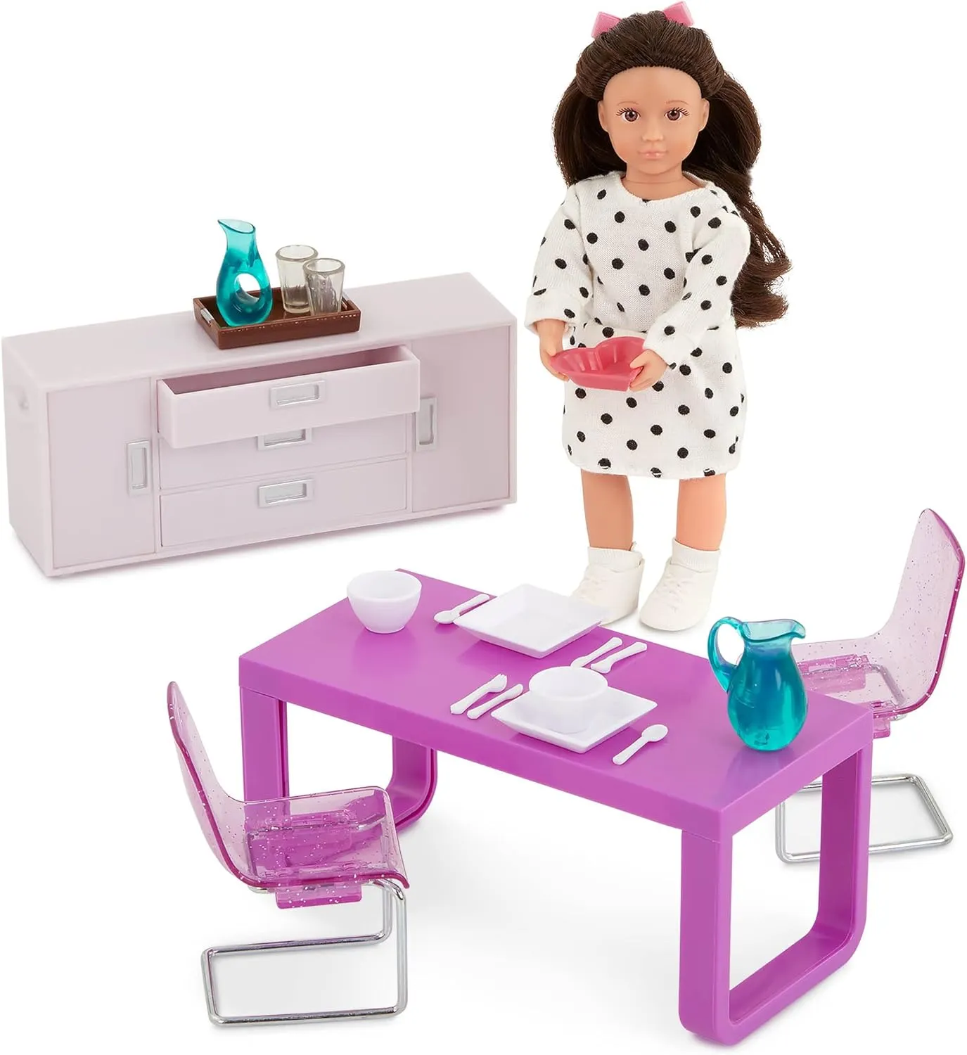 Lori – Mini Doll & Toy Dining Room Furniture – 6-inch Doll & Dollhouse Accessories – Table, Chairs, Dishes, Cutlery – Play Set for Kids – 3 Years   – Amelia’s Dining Room Set
