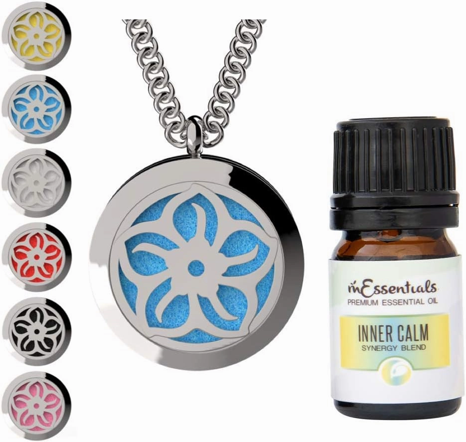 Lotus Essential Oil Diffuser Necklace Stainless Steel Locket Pendant with 24" Chain, Oil, and Pads in Gift Box