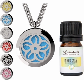 Lotus Essential Oil Diffuser Necklace Stainless Steel Locket Pendant with 24" Chain, Oil, and Pads in Gift Box