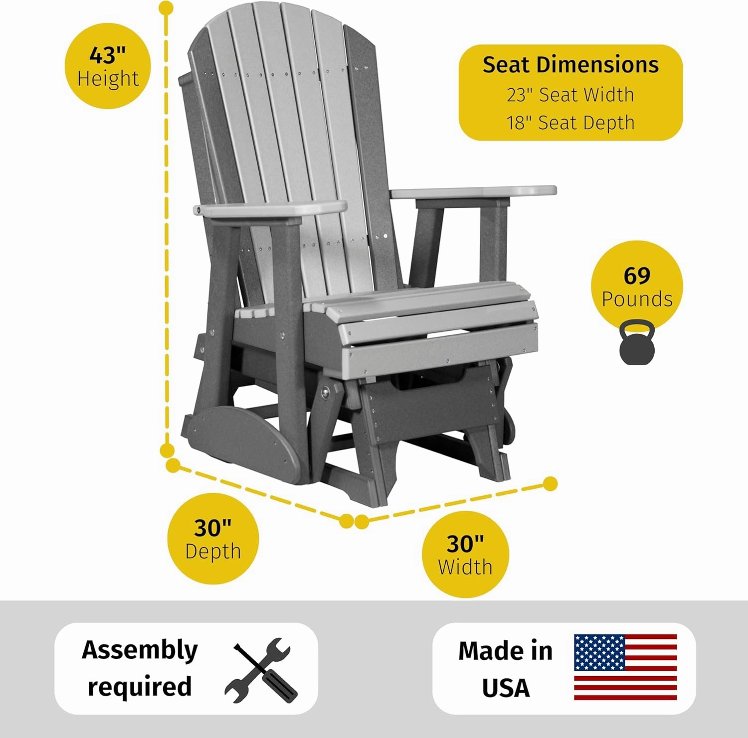 LuxCraft 2' Adirondack Glider Chair, Outdoor Patio Rocking Glider, Gliding Rocker for Outside (Antique Mahogany)
