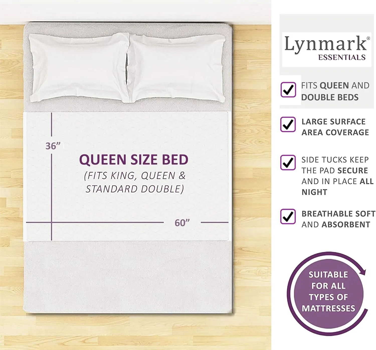 Lynmark® Washable Bed Pads 36"x60" Underpad with Extra Long Tucks and Heavy Absorbency, Reusable Cotton Enhanced Waterproof Mattress Protector Best for Incontinence & Bed Wetting, Pack of 1, Queen
