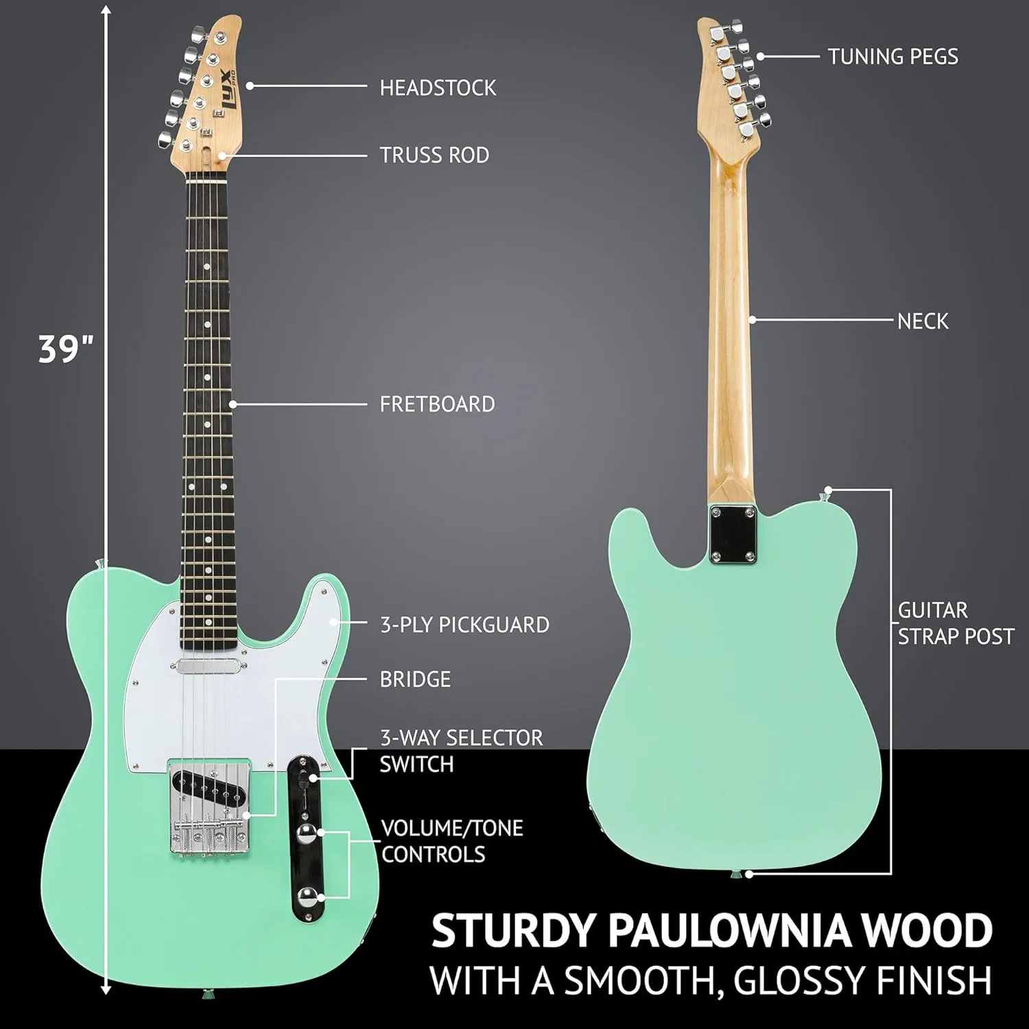 LyxPro 39” Electric Guitar TL Series, Full-Size Paulownia Wood Body, 3-Ply Pickguard, C-Shape Neck, Ashtray Bridge, Quality Gear Tuners, 3-Way Switch & Volume/Tone Controls, 2 Picks Included, Green