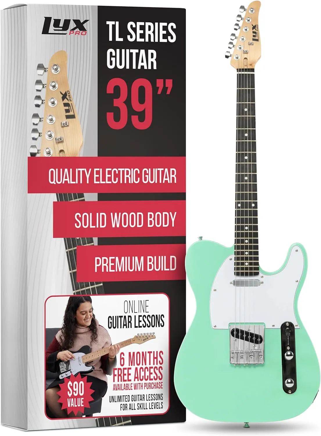 LyxPro 39” Electric Guitar TL Series, Full-Size Paulownia Wood Body, 3-Ply Pickguard, C-Shape Neck, Ashtray Bridge, Quality Gear Tuners, 3-Way Switch & Volume/Tone Controls, 2 Picks Included, Green