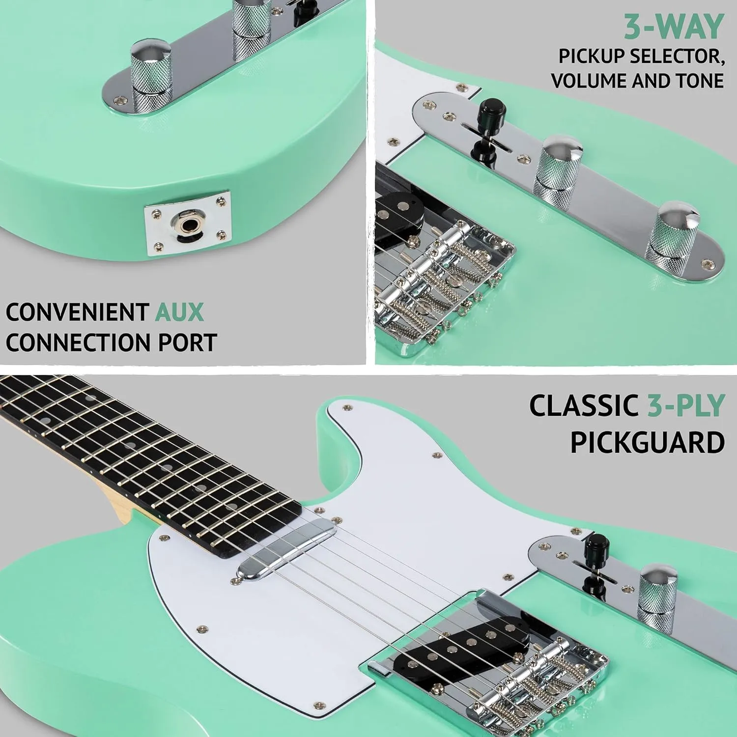 LyxPro 39” Electric Guitar TL Series, Full-Size Paulownia Wood Body, 3-Ply Pickguard, C-Shape Neck, Ashtray Bridge, Quality Gear Tuners, 3-Way Switch & Volume/Tone Controls, 2 Picks Included, Green