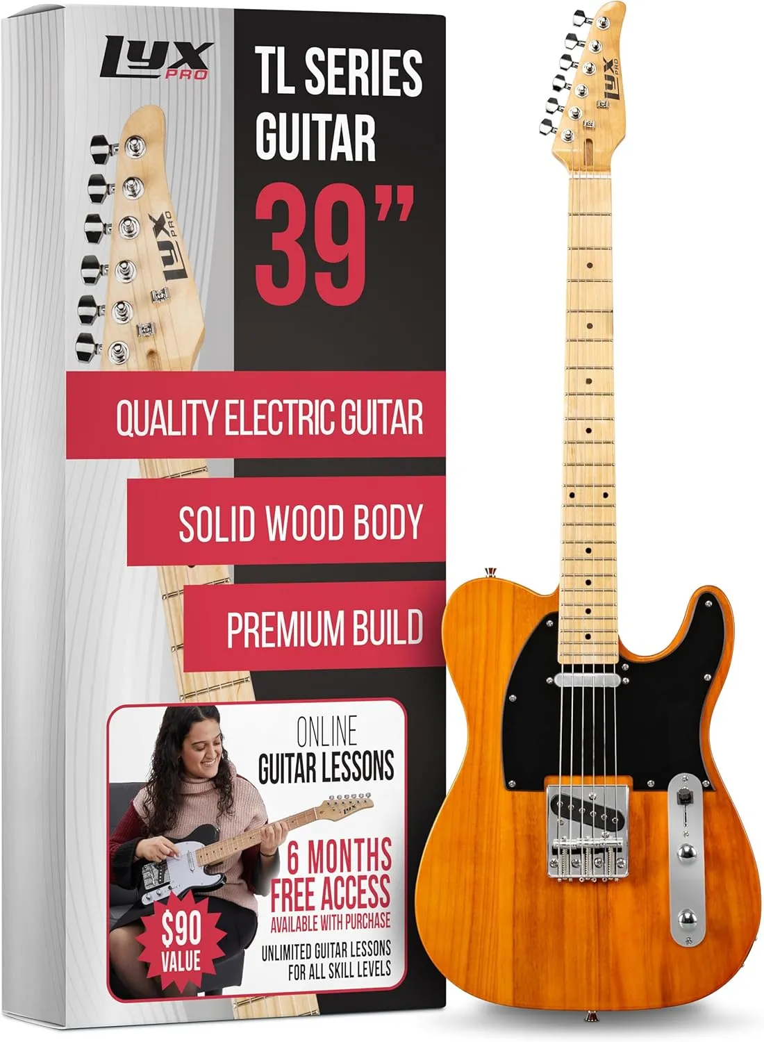LyxPro 39” Electric Guitar TL Series, Full-Size Paulownia Wood Body, 3-Ply Pickguard, C-Shape Neck, Ashtray Bridge, Quality Gear Tuners, 3-Way Switch & Volume/Tone Controls, 2 Picks Included, Mahogany