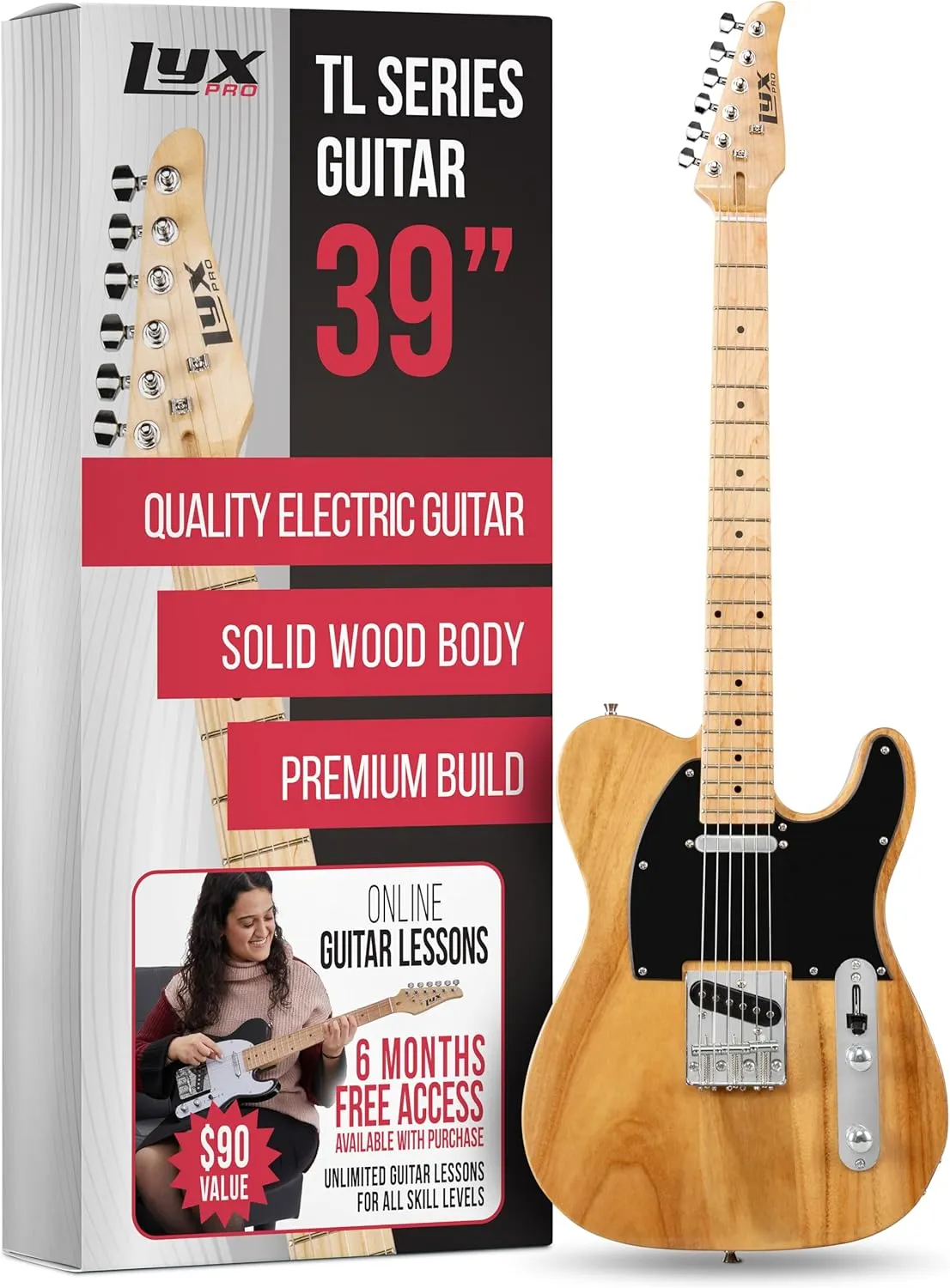 LyxPro 39” Electric Guitar TL Series, Full-Size Paulownia Wood Body, 3-Ply Pickguard, C-Shape Neck, Ashtray Bridge, Quality Gear Tuners, 3-Way Switch & Volume/Tone Controls, 2 Picks Included, Natural