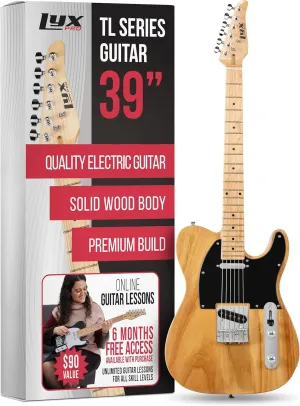 LyxPro 39” Electric Guitar TL Series, Full-Size Paulownia Wood Body, 3-Ply Pickguard, C-Shape Neck, Ashtray Bridge, Quality Gear Tuners, 3-Way Switch & Volume/Tone Controls, 2 Picks Included, Natural