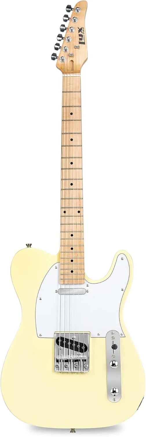 LyxPro 39” Electric Guitar TL Series, Full-Size Paulownia Wood Body, 3-Ply Pickguard, C-Shape Neck, Ashtray Bridge, Quality Gear Tuners, 3-Way Switch & Volume/Tone Controls, 2 Picks Included, White