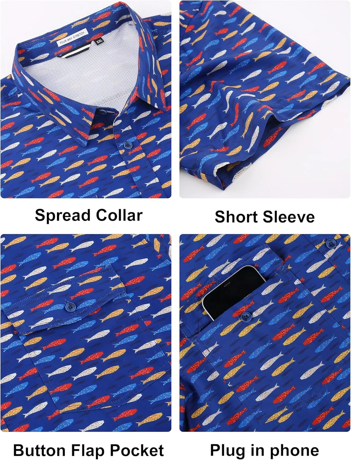 Lzzidou Fishing Shirts for Men UPF 50  Short Sleeve Button Down Print Hawaiian Camp Shirt with Breathable Back Vent