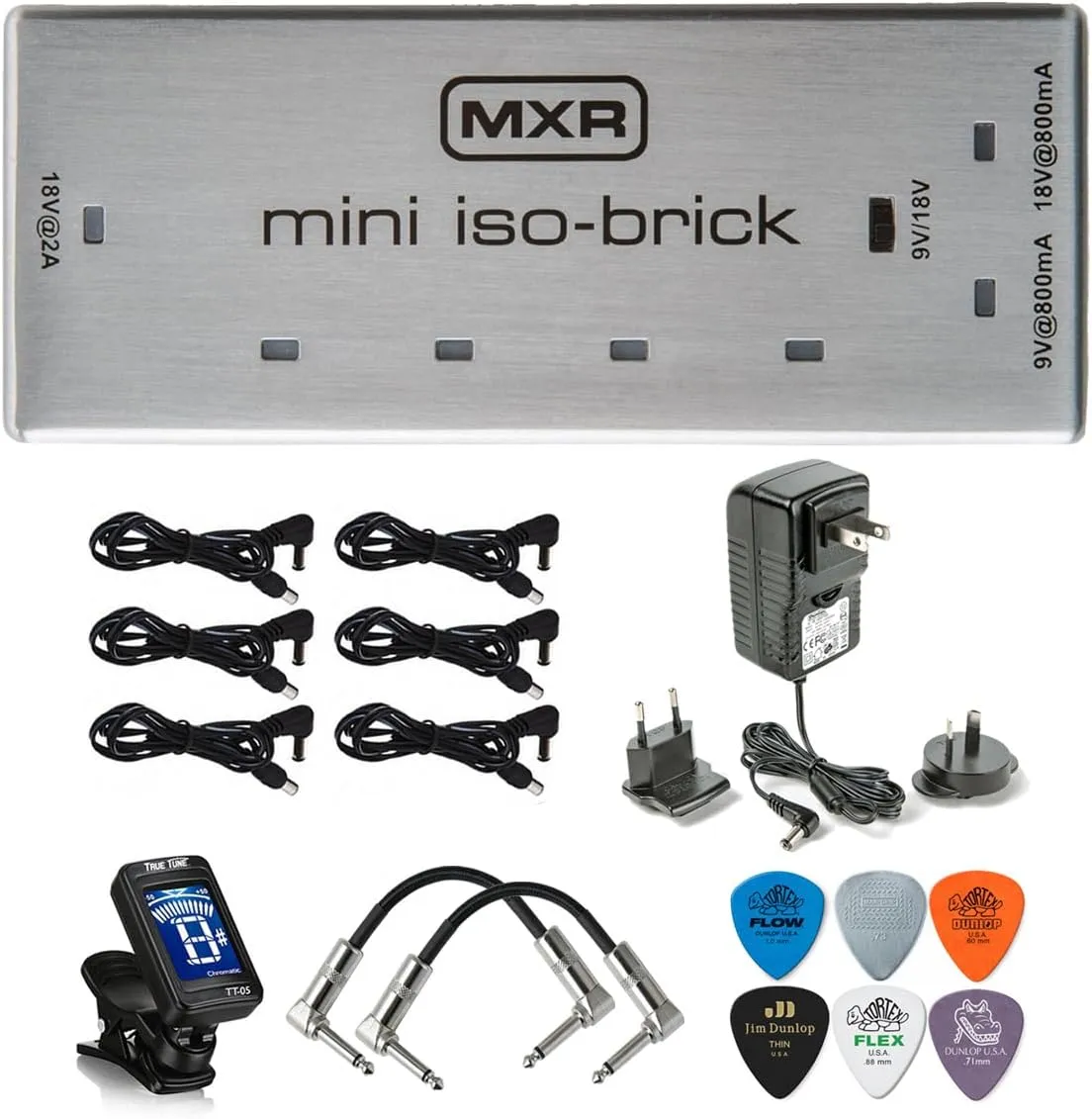 M239 Mini Iso-Brick 9v,18v Effects Pedal Power Supply with Tonebird Bundle Including Dunlop ECB004 18-volt Adapter, True Tune Tuner, Patch Cables and Dunlop Picks