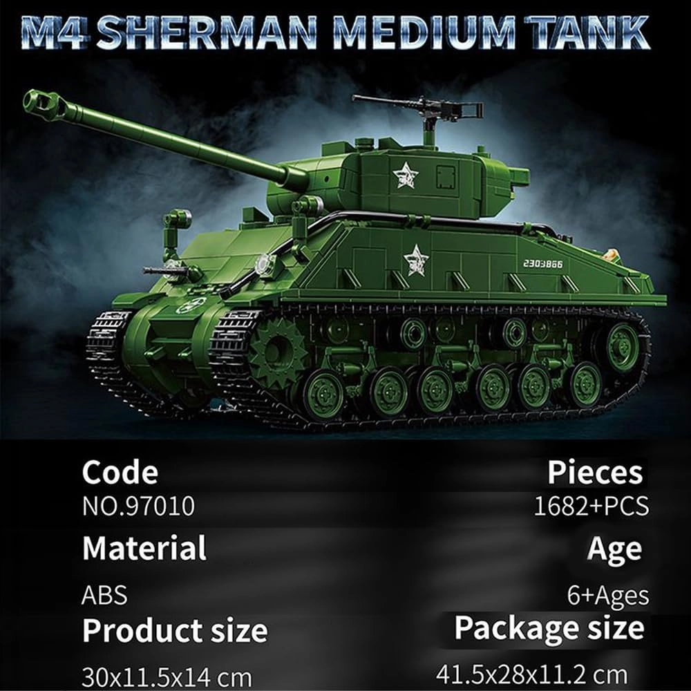 M4 Sherman Medium Tank Building Block, WW2 Military American Armed Tanks Building Block Set for Military Fans - 1682 Pieces with 4 Soldier Figures,Panzer Toys Gifts for Kid and Adult.