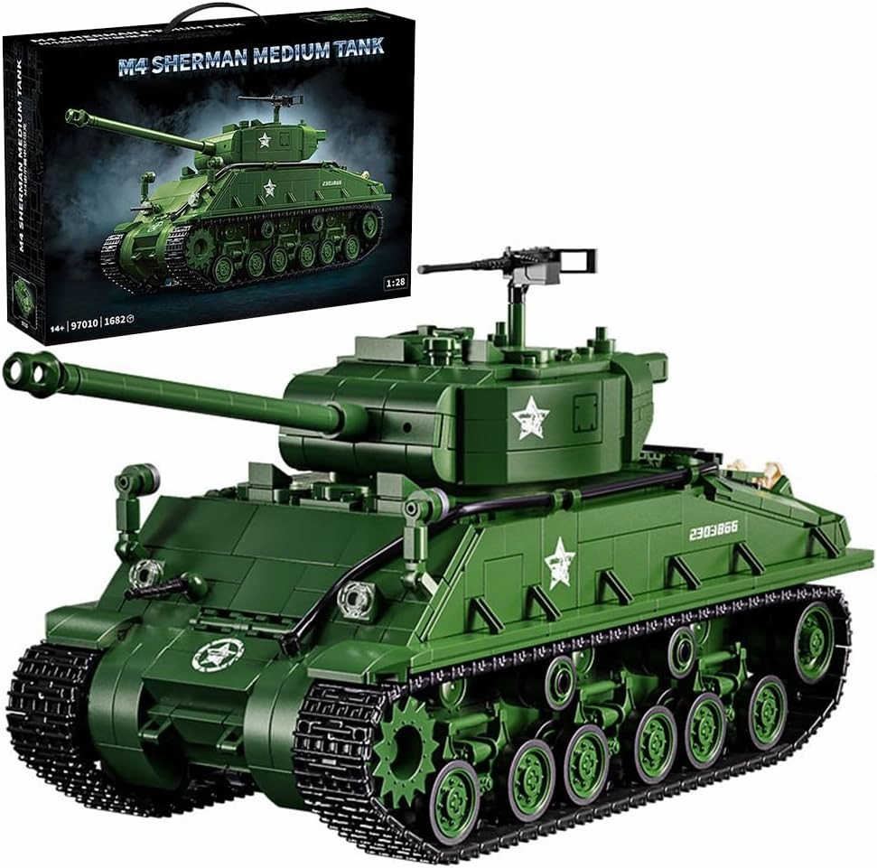 M4 Sherman Medium Tank Building Block, WW2 Military American Armed Tanks Building Block Set for Military Fans - 1682 Pieces with 4 Soldier Figures,Panzer Toys Gifts for Kid and Adult.