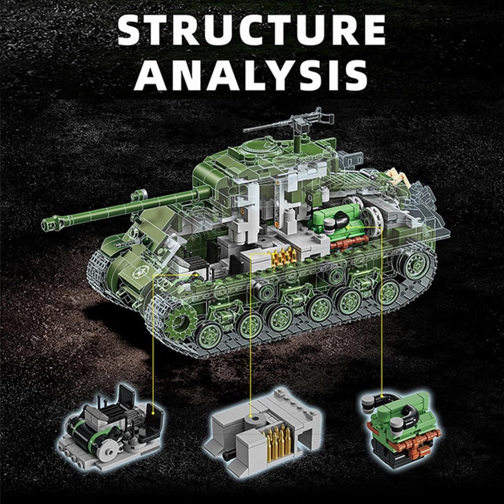 M4 Sherman Medium Tank Building Block, WW2 Military American Armed Tanks Building Block Set for Military Fans - 1682 Pieces with 4 Soldier Figures,Panzer Toys Gifts for Kid and Adult.