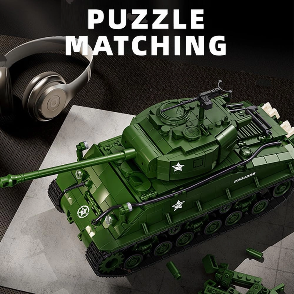 M4 Sherman Medium Tank Building Block, WW2 Military American Armed Tanks Building Block Set for Military Fans - 1682 Pieces with 4 Soldier Figures,Panzer Toys Gifts for Kid and Adult.
