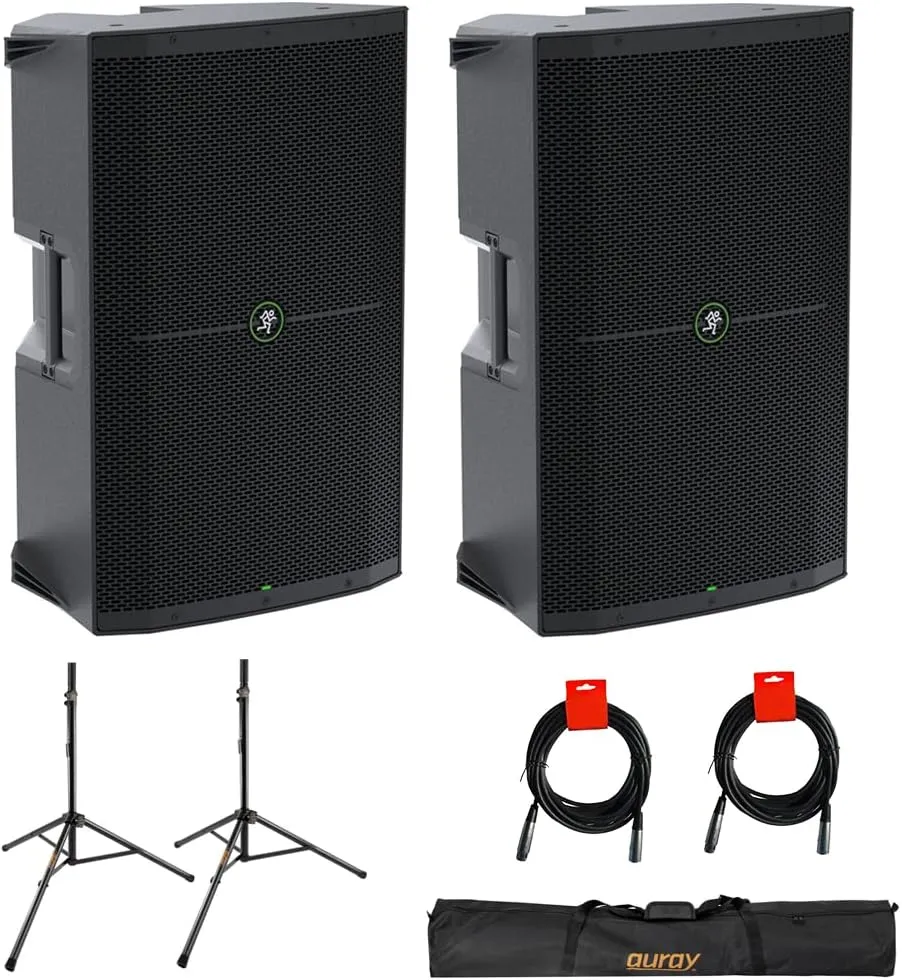 Mackie Thump215 1400W 15" Powered PA Loudspeaker System (Pair) Bundle with Auray SS-47S-PB Steel Speaker Stands, Carrying Case, and 2X 20 XLR-XLR Cable