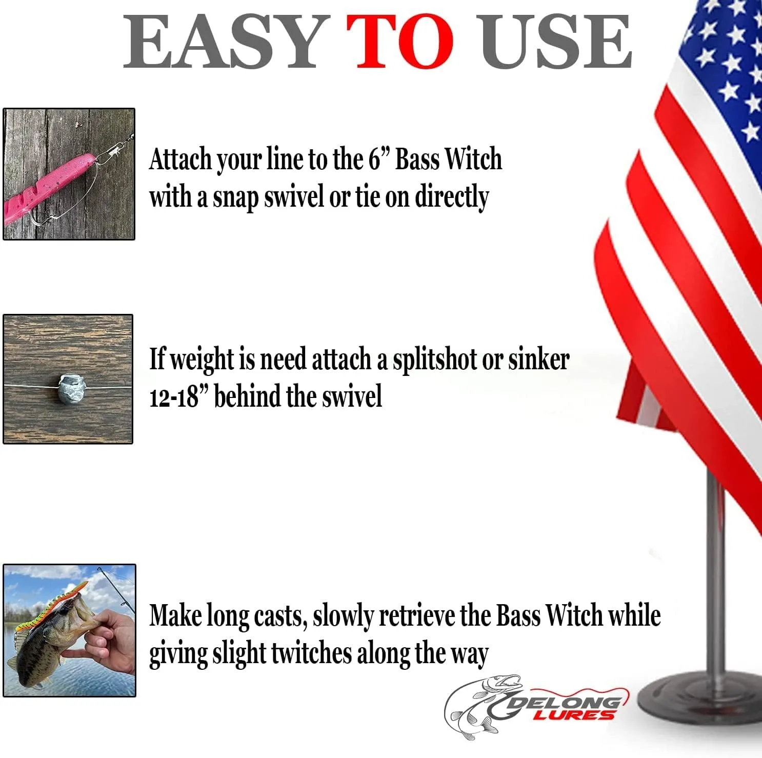 Made in USA 6" weedless bass Fishing Lures for Freshwater & Saltwater, pre Rigged Weedless Worm Baits, Anise Scented Animated Lures, Durable Fishing Gear-DeLong Lures