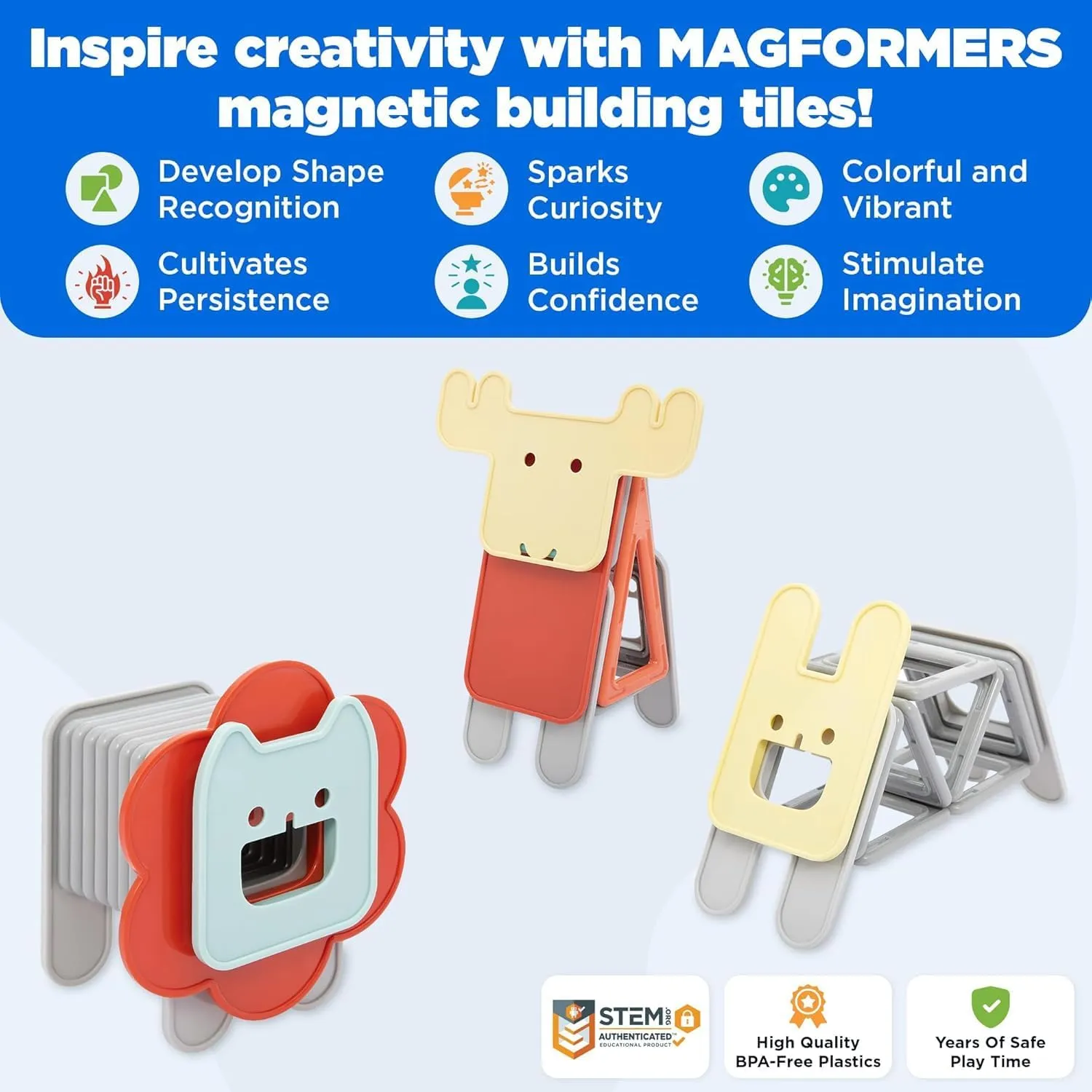 MAGFORMERS My First Animal Jumble 60 Piece Set, Pastel Colors - Educational Magnetic Geometric Shapes, Tiles, Building STEM Toy Set, Ages 3 