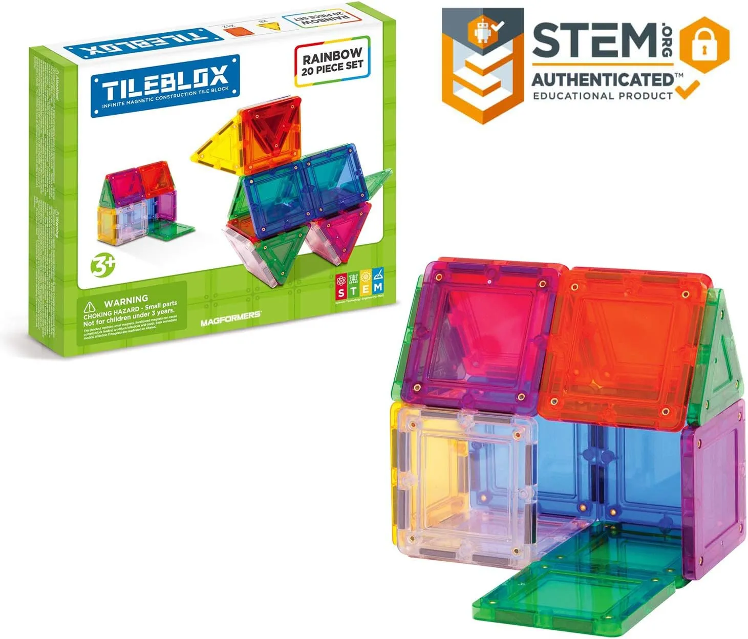 MAGFORMERS Tileblox Basic Rainbow 20 Pieces, Rainbow Colors, Magentic Geometric Shapes Building STEM Toy Set Ages 3 