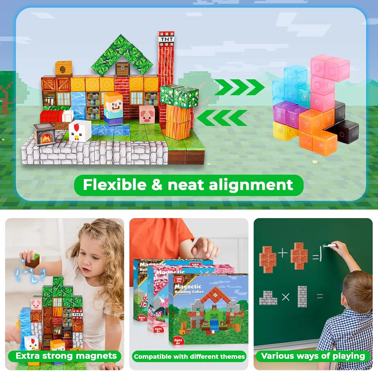 Magnetic Blocks-100PCS Grassland Building Blocks Set, Kids Classroom Sensory Toy, STEM Learning, Construction Stacking Toy for Kids 3  Boys & Girls